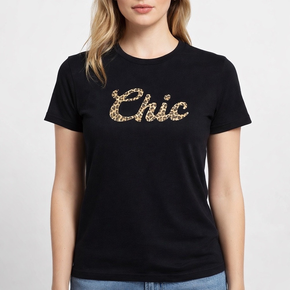 Gildan Black Chic Leopard Print Graphic T‎ Shirt Tee Women's Size S